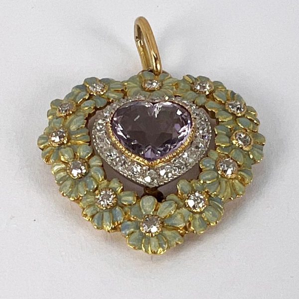 1.70ct Morganite Heart Enamel and Diamond Flower Cluster Pendant