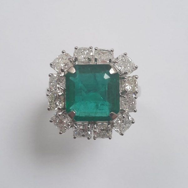 4ct Zambian Octagonal Emerald and Diamond Cluster Ring in Platinum