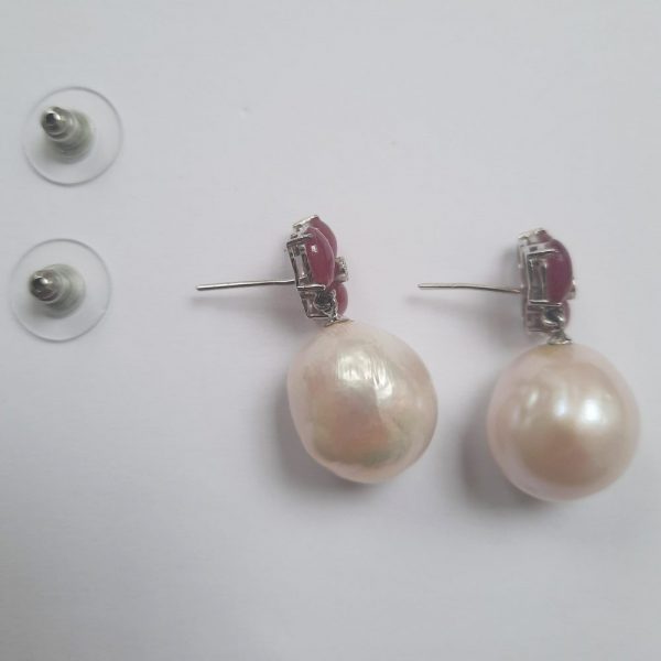 Cabochon Ruby and Pearl Drop Earrings