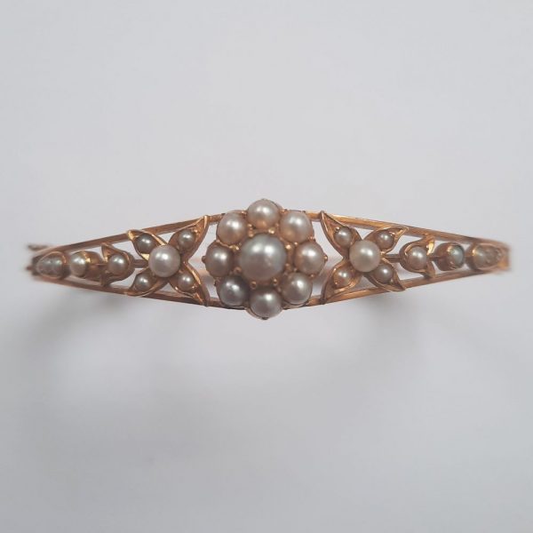Antique Pearl Floral Cluster Bangle Bracelet in 15ct Gold