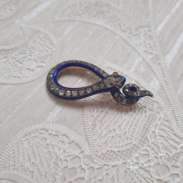 Antique Victorian 2ct Old Cut Diamond and Blue Enamel Snake Pendant