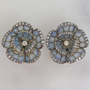Pale Blue Plique a Jour Enamel and Diamond Flower Earrings