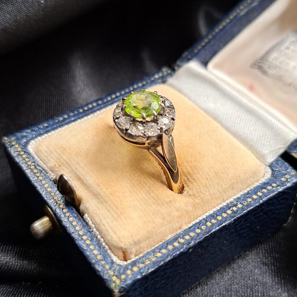 Vintage 1ct Peridot and Diamond Cluster Ring
