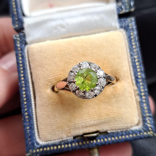 Vintage 1ct Peridot and Diamond Cluster Engagement Ring