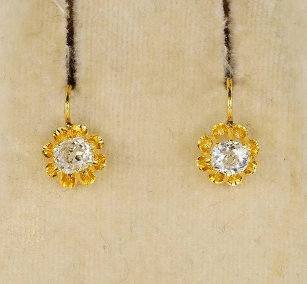 Antique Victorian 1ct Old Mine Cut Diamond Floral Earrings
