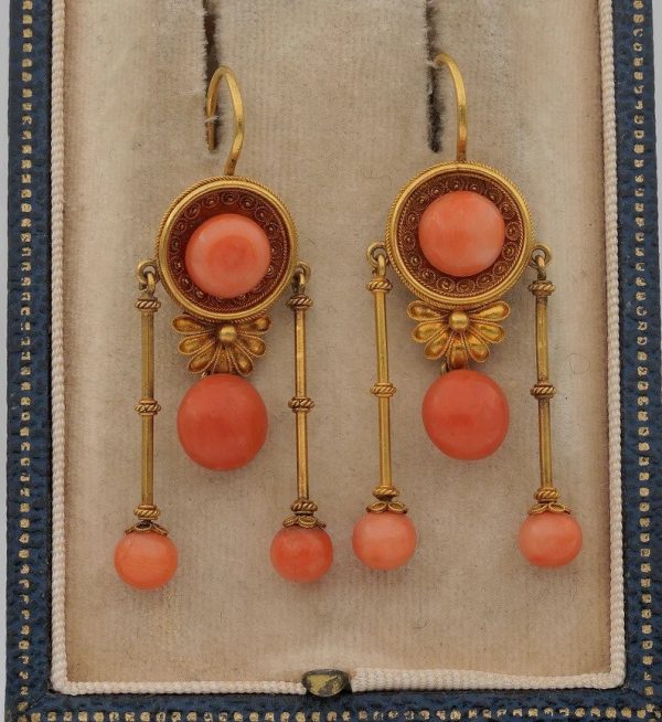 Antique Victorian Etruscan Revival Coral and Gold Pendant Earrings