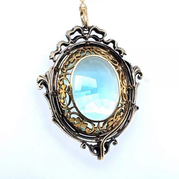 Antique Victorian 75ct Aquamarine Pendant with Blue Enamel and Rose Cut Diamonds