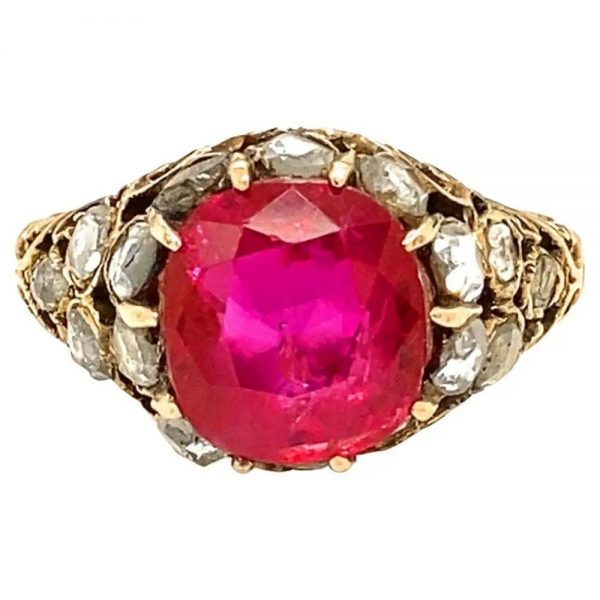 Antique Georgian Certified Natural Unheated 3.34ct Burma Ruby and Old Cut Diamond Ring