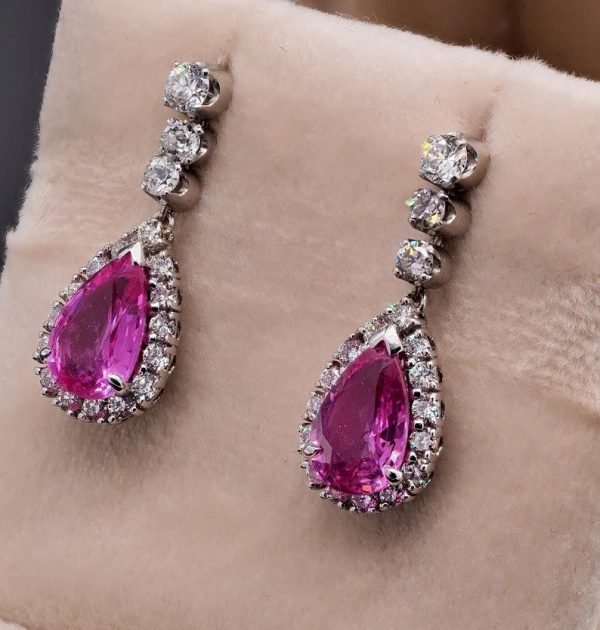 Art Deco French 4.5ct Pink Sapphire and Diamond Cluster Drop Earrings