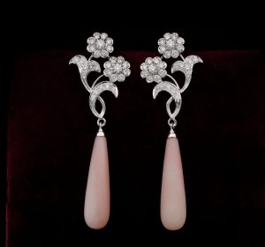 Vintage Natural Pink Opal and Diamond Swing Drop Earrings, 2.40 carats