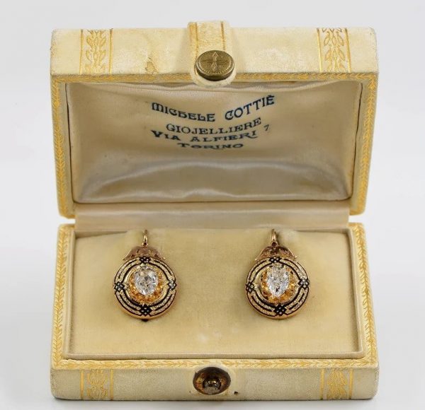 Antique Victorian 2.2ct Diamond Enamel and Gold Drop Earrings; 2.23ct cushion-shaped old mine-cut diamonds in 18ct yellow gold borders with distinctive enamel motifs, 19th century Circa 1860