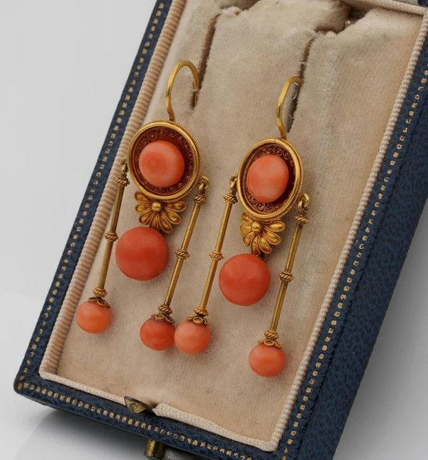 Antique Victorian Coral and 18ct Yellow Gold Etruscan Revival Earrings