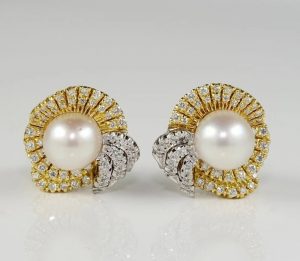 Vintage South Sea Pearl and Diamond Bow Cluster Earrings, 2.40 carats