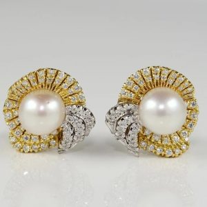 Vintage South Sea Pearl and Diamond Bow Cluster Earrings, 2.40 carats
