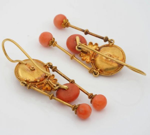 Antique Victorian Coral and 18ct Yellow Gold Etruscan Revival Earrings