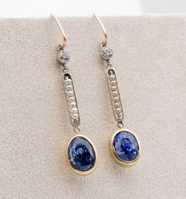 Antique Edwardian Natural 5.29ct Ceylon Sapphire Diamond Pearl Drop Earrings, Certified No Heat