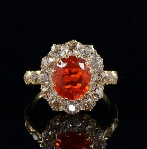 Antique Victorian 2ct Fire Opal and Diamond Cluster Ring