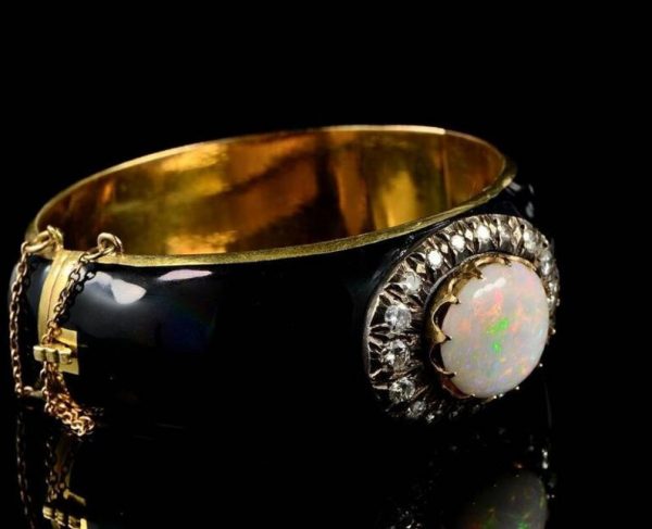 Antique Victorian 7ct Natural Harlequin Opal Diamond Enamel Gold Bangle Bracelet