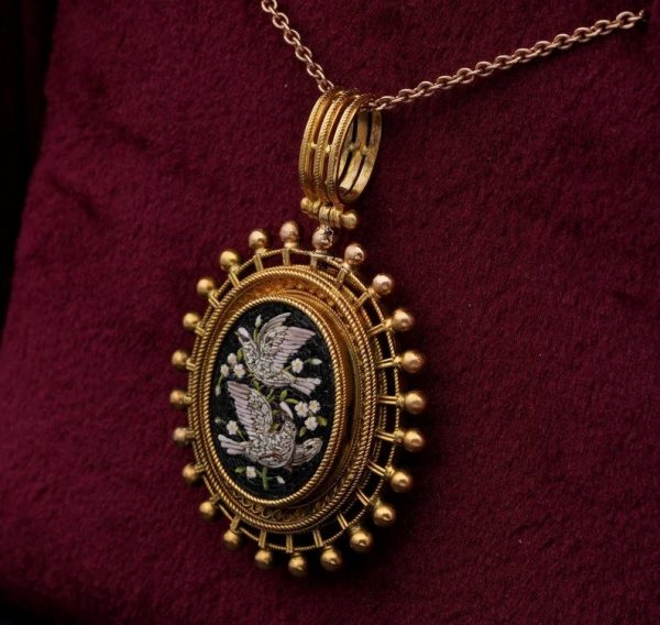 Antique Victorian Etruscan Revival Micromosaic Gold Locket Pendant