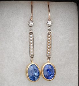 Antique Edwardian 5.29ct Ceylon Sapphire Pearl Diamond Drop Earrings