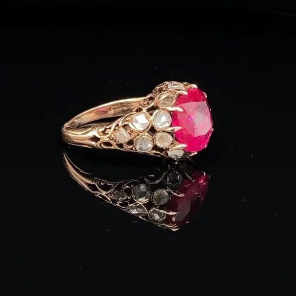 Antique Georgian Certified Natural Unheated 3.34ct Burma Ruby and Old Cut Diamond Ring