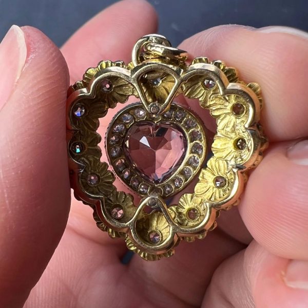 1.70ct Morganite Heart Enamel and Diamond Flower Cluster Pendant