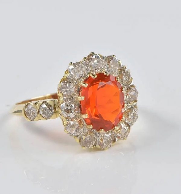 Antique Victorian 2ct Fire Opal and Diamond Cluster Ring
