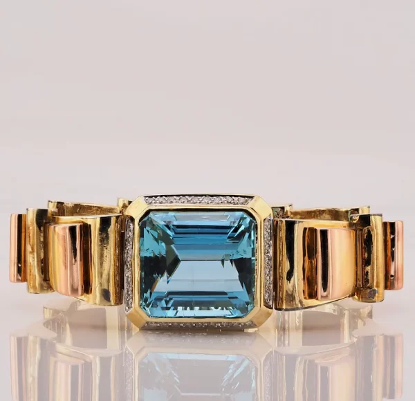 Vintage 51ct Aquamarine Diamond and 18ct Gold Tank Bracelet