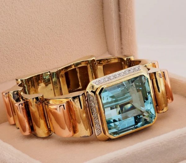 Vintage Retro 51ct Aquamarine Diamond and 18ct Gold Tank Bracelet