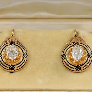 Antique Victorian 2.2ct Diamond Enamel and Gold Drop Earrings; 2.23ct cushion-shaped old mine-cut diamonds in 18ct yellow gold borders with distinctive enamel motifs, 19th century Circa 1860