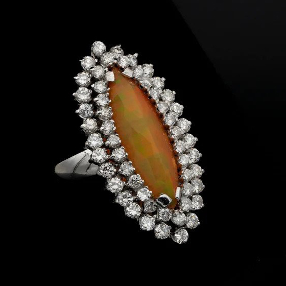 Vintage Fire Opal and Double Diamond Marquise Cluster Ring