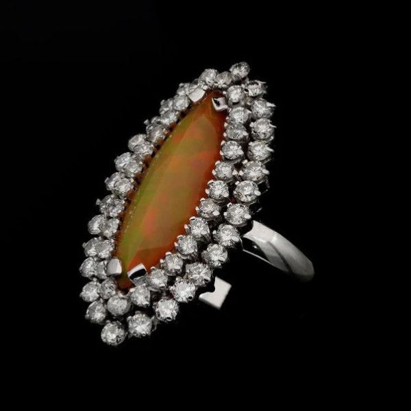 Vintage Fire Opal and 2.60ct Double Diamond Marquise Cluster Ring
