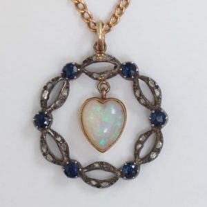 Antique Victorian Opal Heart Sapphire and Diamond Pendant