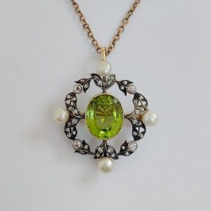 Antique Victorian Peridot Natural Pearl and Diamond Brooch Pendant