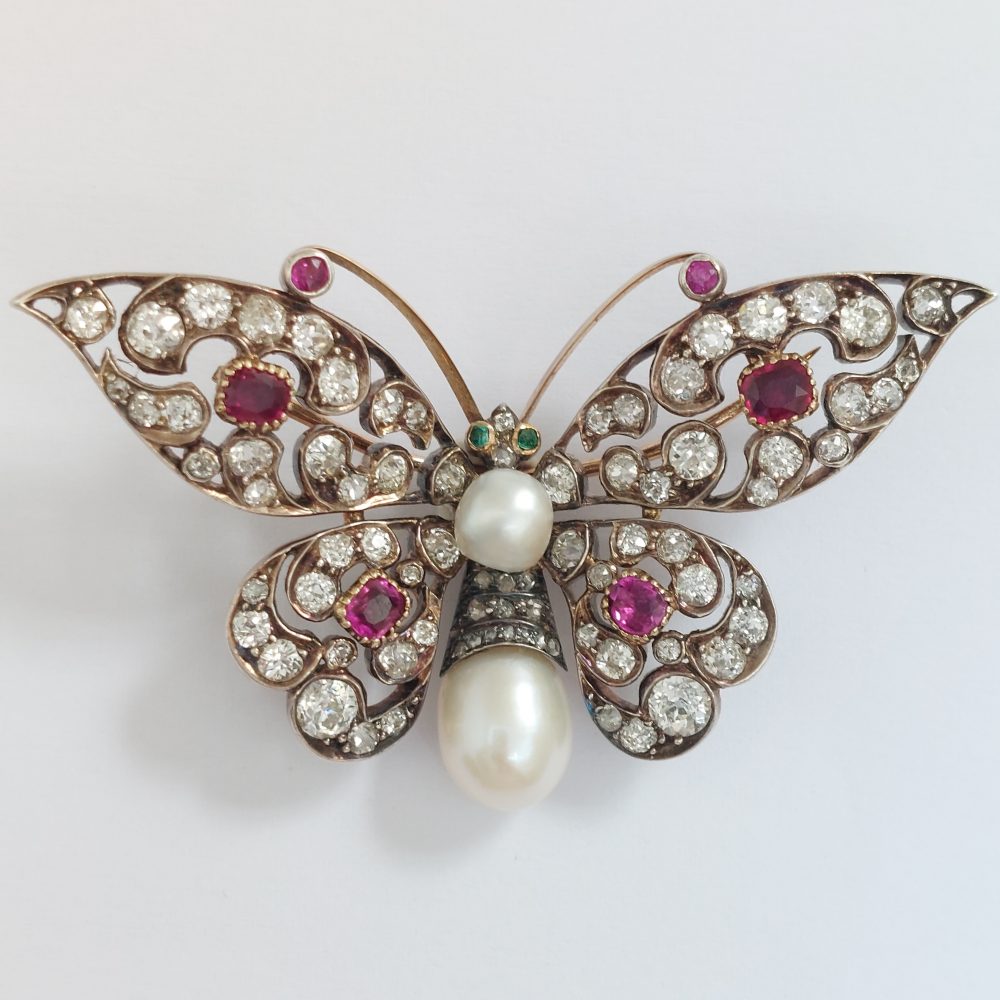 Antique Victorian Ruby Diamond and Pearl Butterfly Brooch