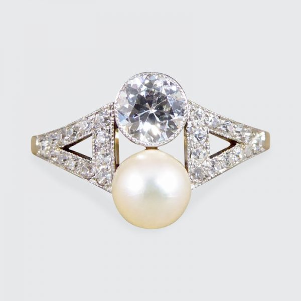 Art Deco Old Cut Diamond and Natural Pearl Two Stone Ring