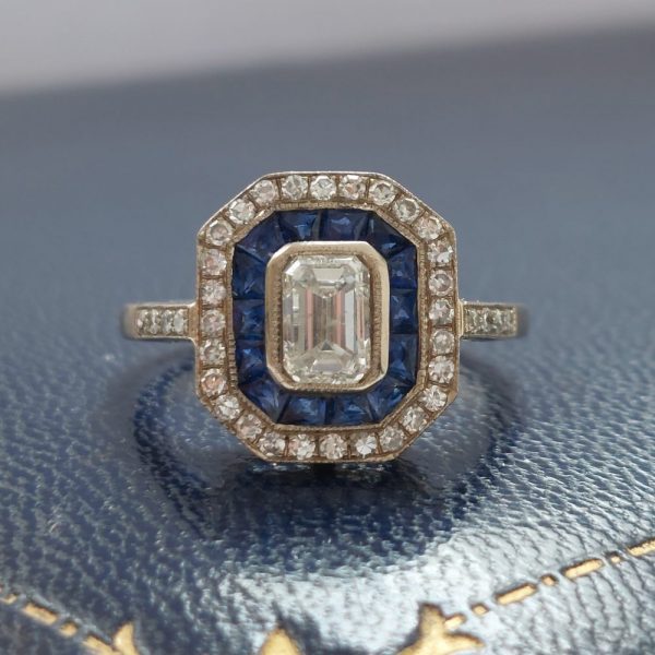 Art Deco Style 0.70ct Emerald Cut Diamond and Sapphire Target Cluster Ring 6