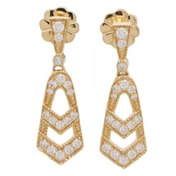 Art Deco Style Diamond Drop Earrings in Yellow Gold