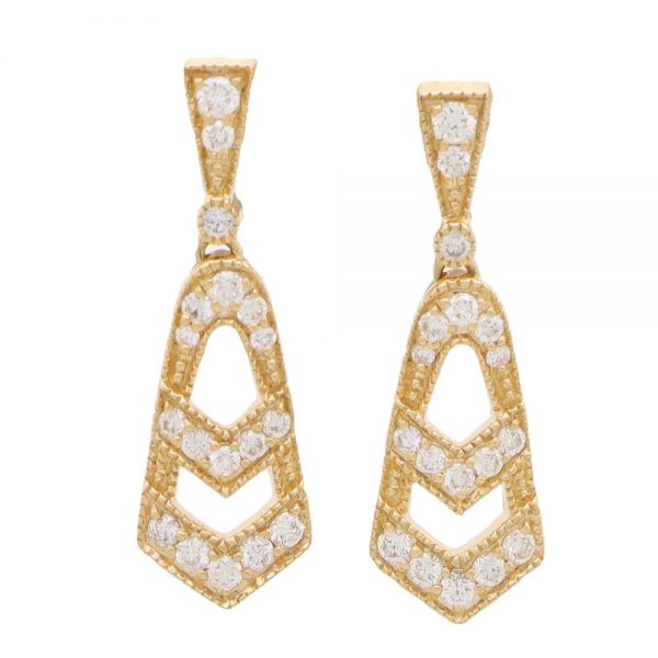 Art Deco Inspired Diamond Drop Earrings in Yellow Gold