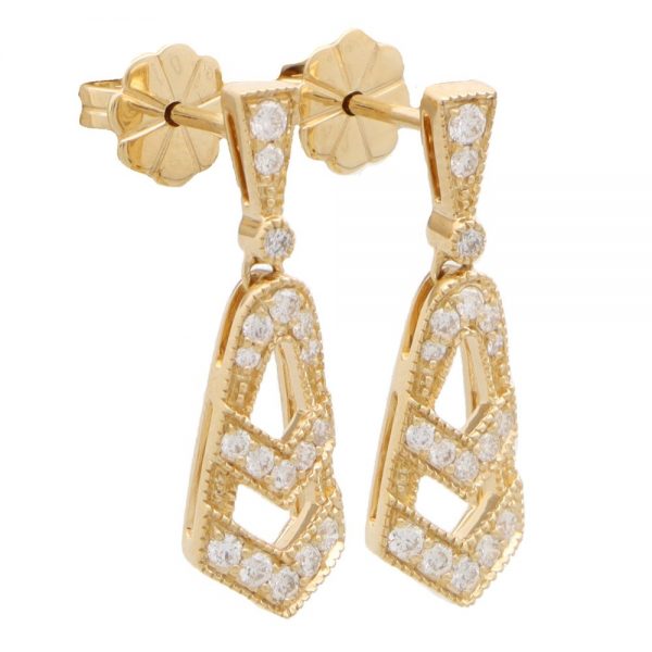 Art Deco Inspired Diamond Drop Earrings in Yellow Gold