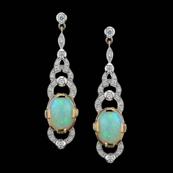 Art Deco Style 3.80ct Opal and Diamond Drop Earrings