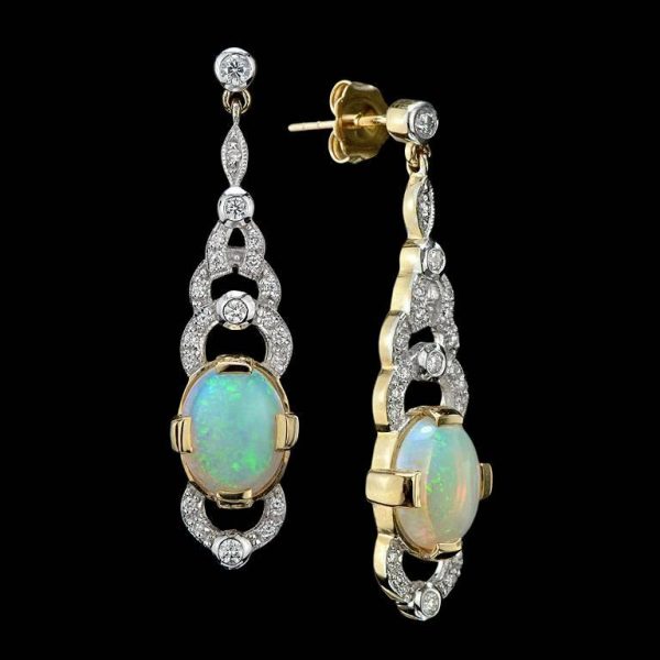 Art Deco Style 3.80ct Opal and Diamond Drop Earrings