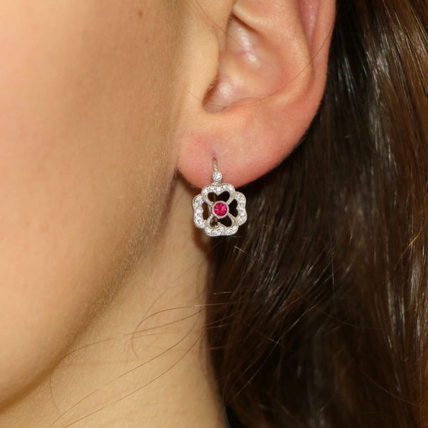 Ruby and Diamond Flower Cluster Drop Earrings