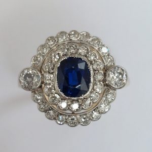 Antique French Sapphire and Diamond Double Cluster Ring