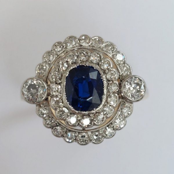 Edwardian Antique Sapphire and Diamond Double Cluster Ring