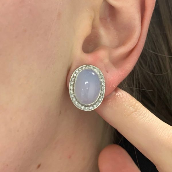 3ct Cabochon Chalcedony and Diamond Halo Cluster Earrings