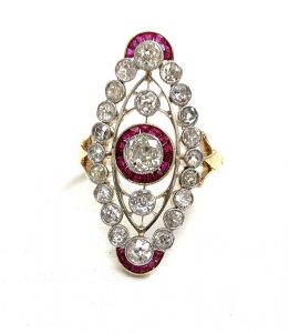 Vintage 2ct Old Cut Diamond and Ruby Plaque Ring