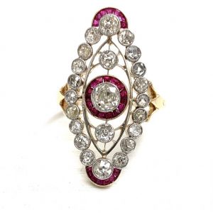 Deco style ruby dress ring and diamond open work marquise shape