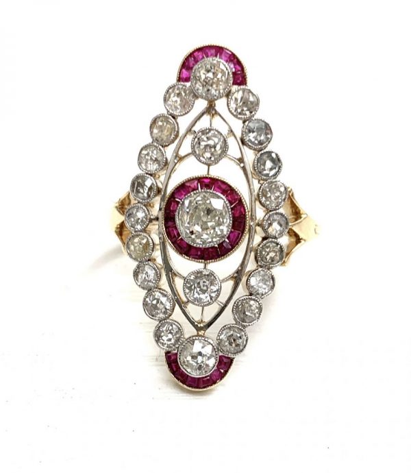 Deco style ruby dress ring and diamond open work marquise shape