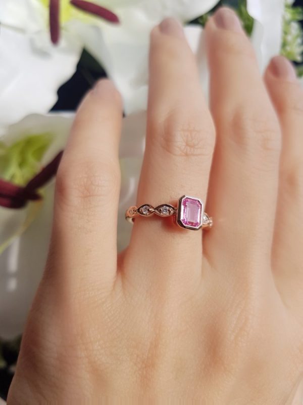 Pink Sapphire and Diamond Engagement Ring in 18ct Rose Gold